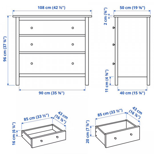 Комод ХЕМНЭС (HEMNES) с 3 ящиками, 108х96х50 см, белый (массив сосны) — купить аналог ИКЕА в Москве