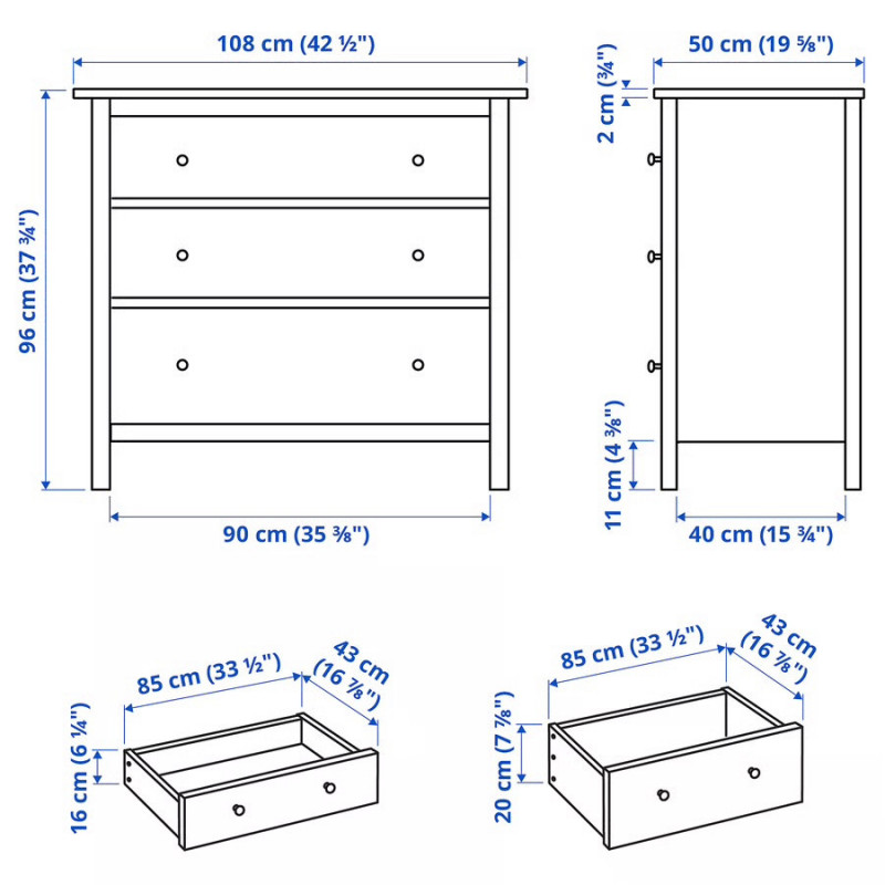 Комод ХЕМНЭС (HEMNES) с 3 ящиками, 108х96х50 см, белый (массив сосны) — купить аналог ИКЕА в Москве