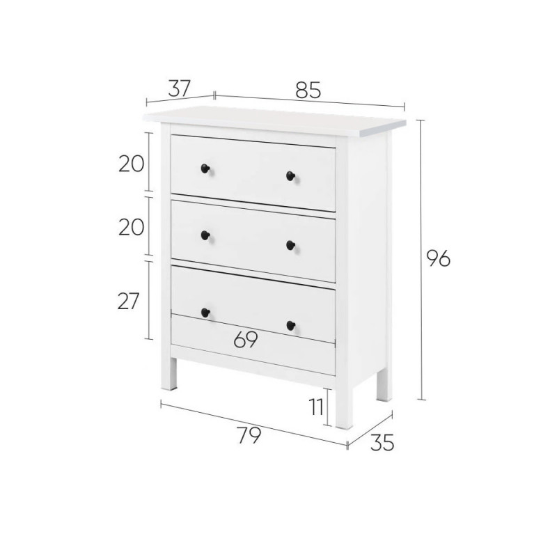Комод ХЕМНЭС МИНИ (HEMNES Mini) 3 ящика, 85х96х37 см, белый (массив сосны) — купить компактный аналог ИКЕА